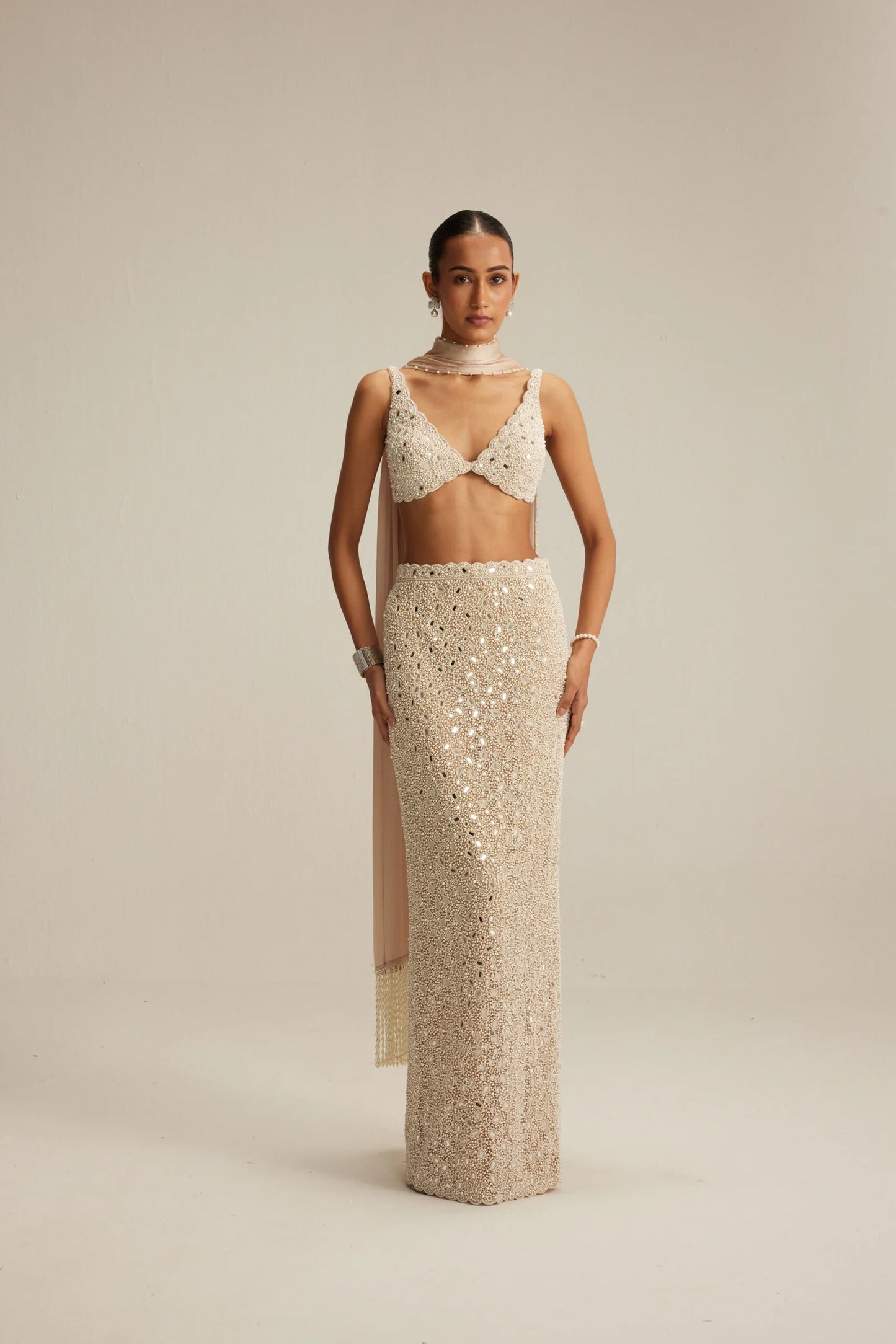 Rent Vani Vats Light Beige Dense Pearl and Mirror Pencil Skirt with V Neck Blouse