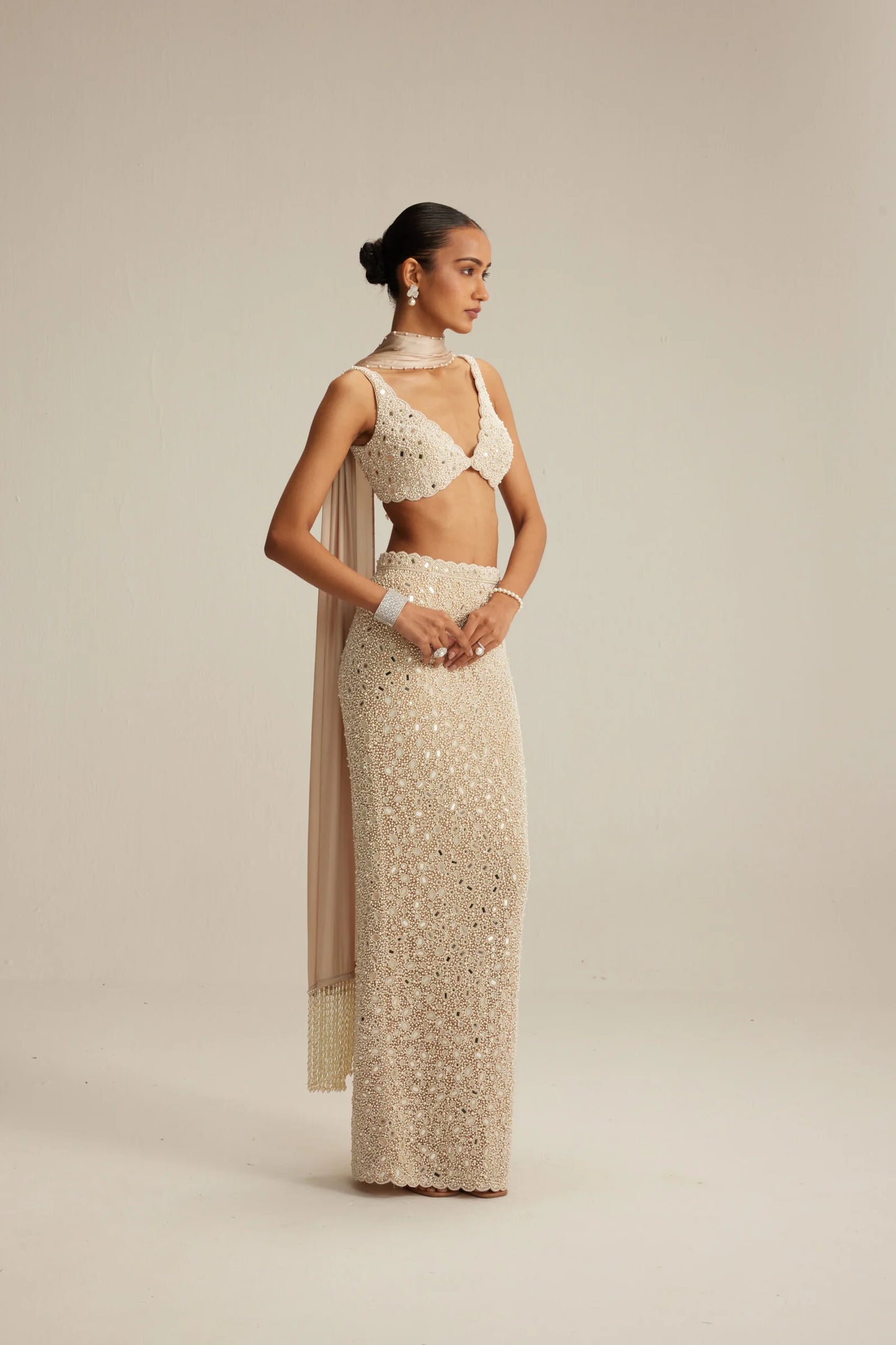 Rent Vani Vats Light Beige Dense Pearl and Mirror Pencil Skirt with V Neck Blouse