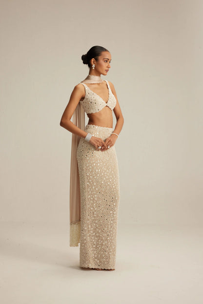 Rent Vani Vats Light Beige Dense Pearl and Mirror Pencil Skirt with V Neck Blouse