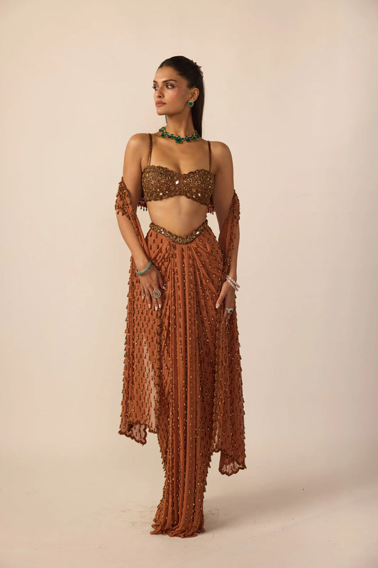 Rent Vani Vats Metallic Copper Single Drop Skirt Set