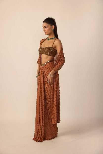 Rent Vani Vats Metallic Copper Single Drop Skirt Set