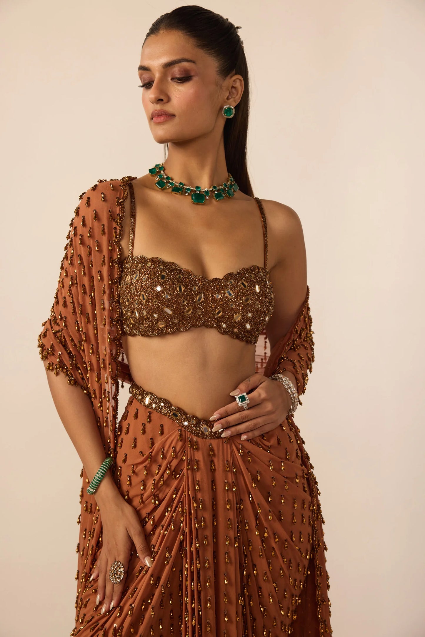 Rent Vani Vats Metallic Copper Single Drop Skirt Set