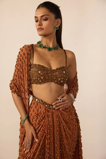 Rent Vani Vats Metallic Copper Single Drop Skirt Set