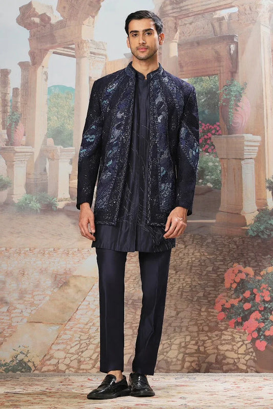 Rent Navy resham embroidered jacket kurta set