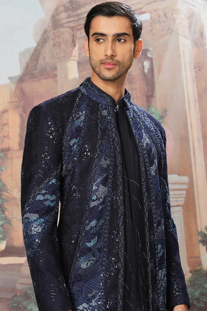 Rent Navy resham embroidered jacket kurta set
