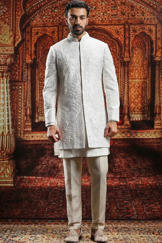 Rent Ivory French knot and bead sherwani set