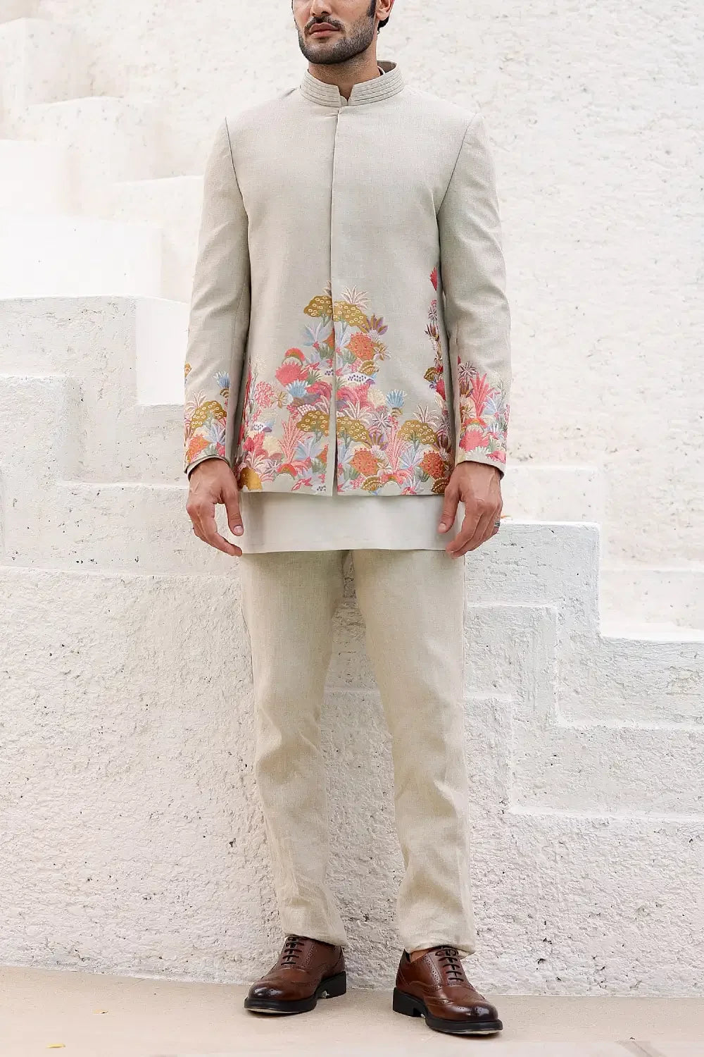 Rent Khaki floral embroidered bandhgala set