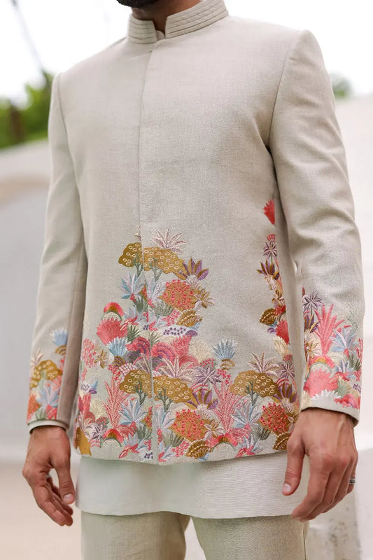 Rent Khaki floral embroidered bandhgala set