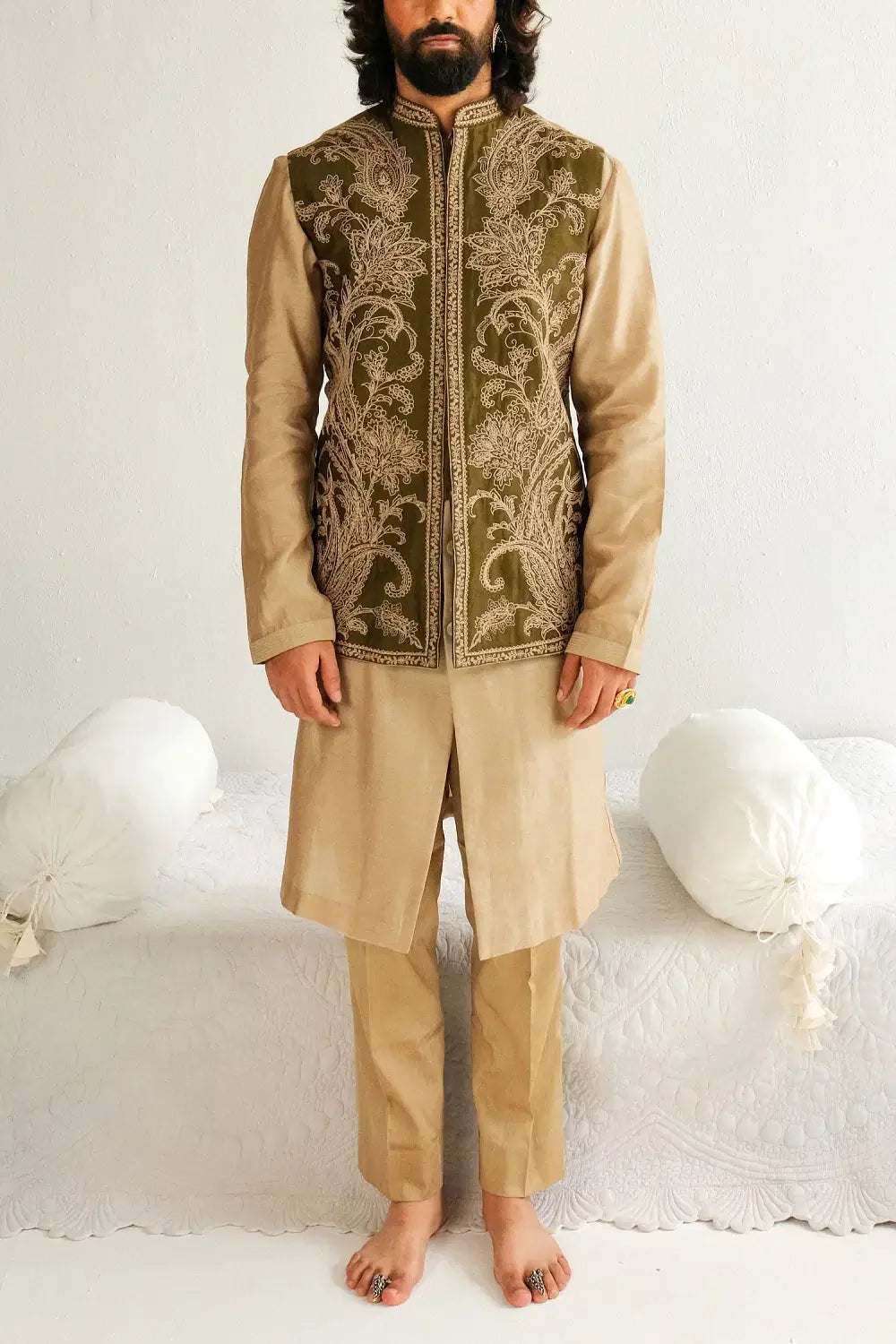 Rent Olive paisley embroidered bandi kurta set