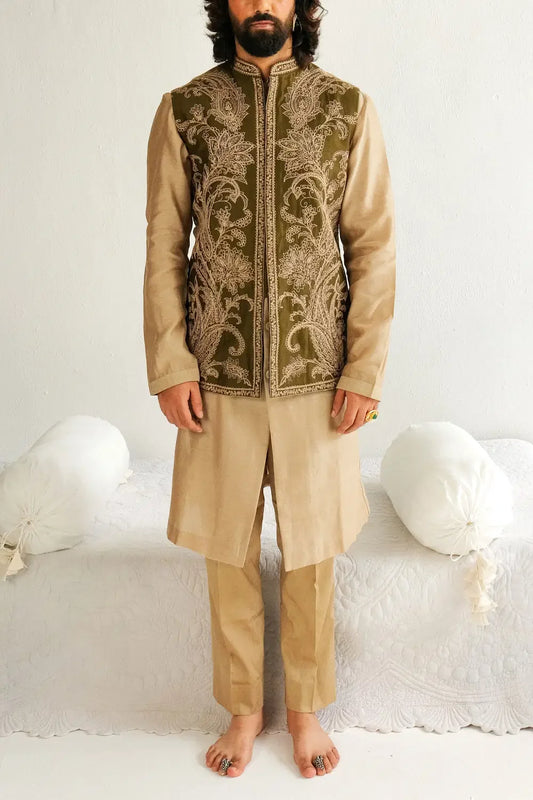 Rent Olive paisley embroidered bandi kurta set