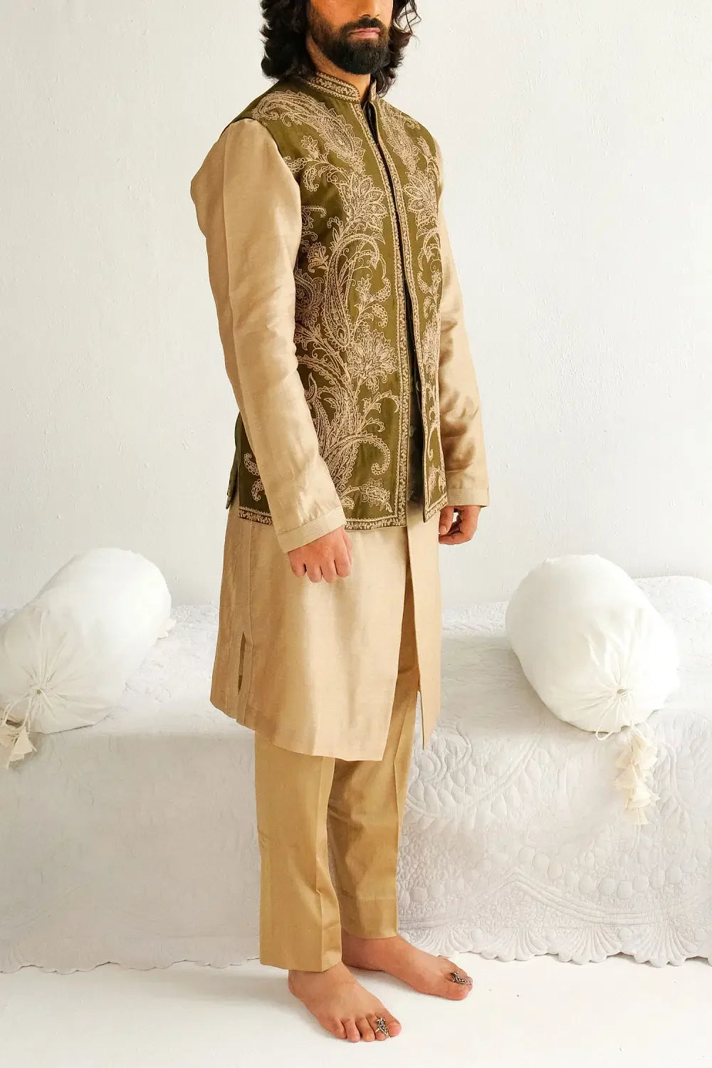 Rent Olive paisley embroidered bandi kurta set