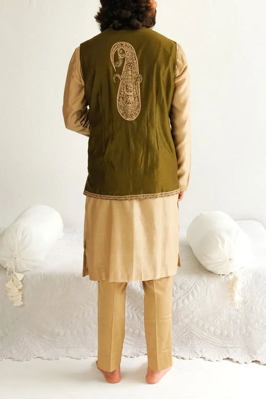 Rent Olive paisley embroidered bandi kurta set