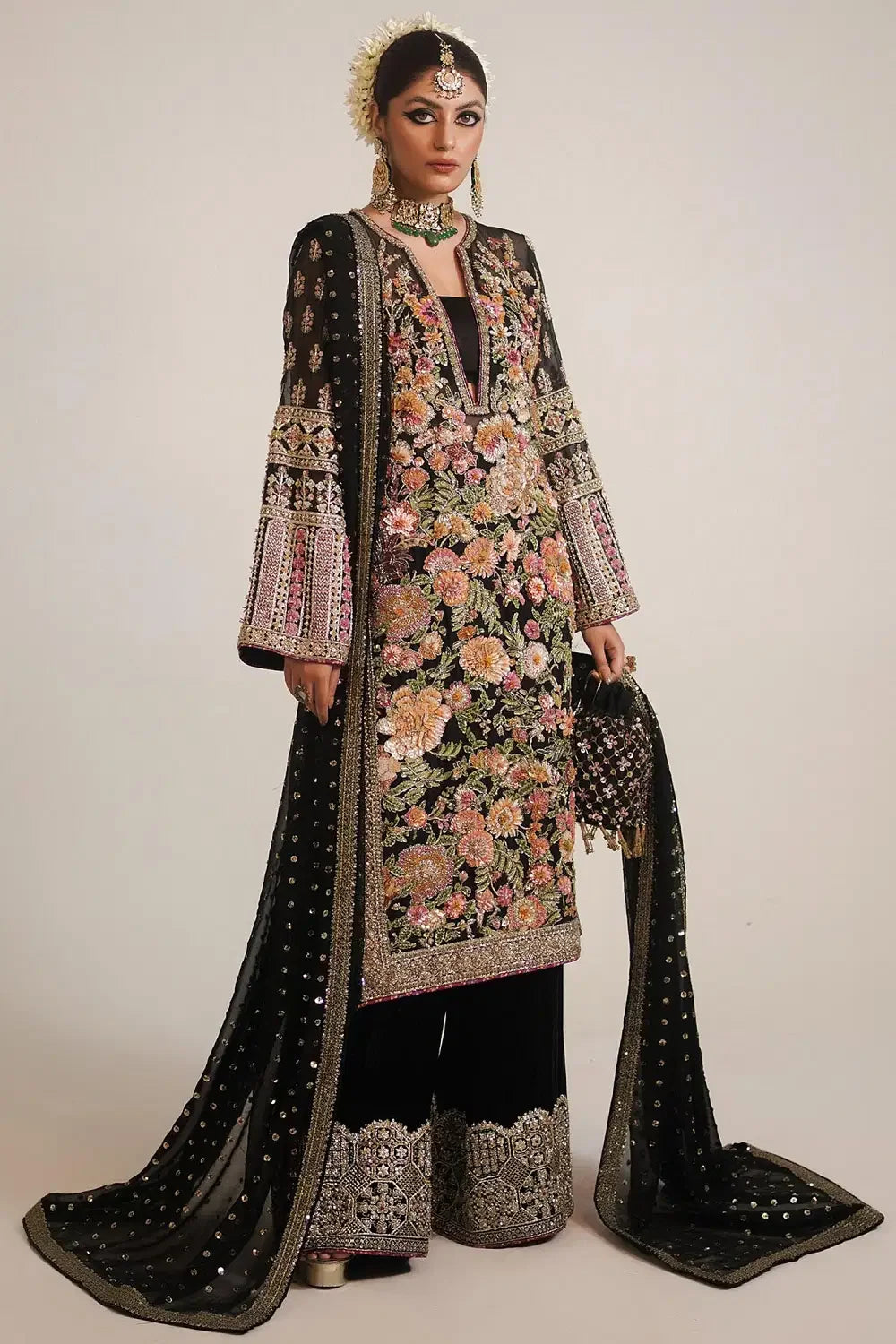Rent Hussain Rehar Black floral embroidered kurta set