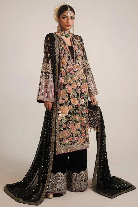 Rent Hussain Rehar Black floral embroidered kurta set
