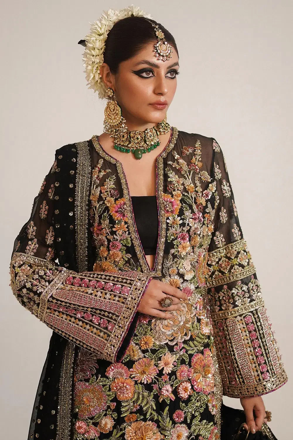 Rent Hussain Rehar Black floral embroidered kurta set