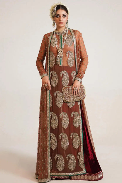 Rent Hussain Rehar Brown dabka embroidered kurta set