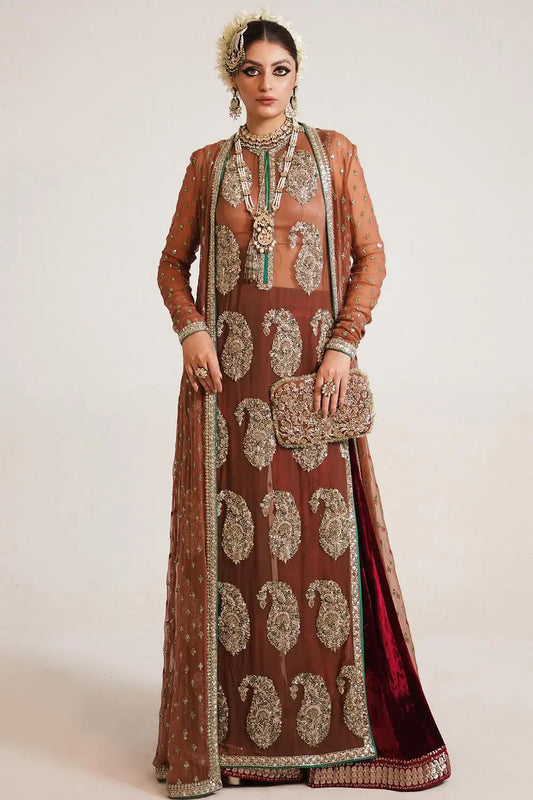 Rent Hussain Rehar Brown dabka embroidered kurta set