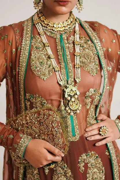 Rent Hussain Rehar Brown dabka embroidered kurta set