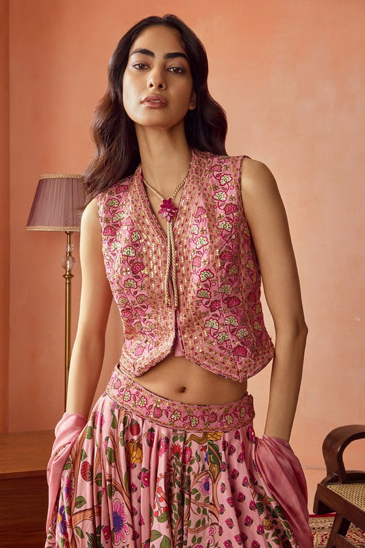 Rent Dusky pink floral printed lehenga and koti set