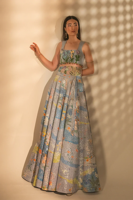 Rent Pure Silk Tulle Pastel Blue Floral Embellished Skirt Set
