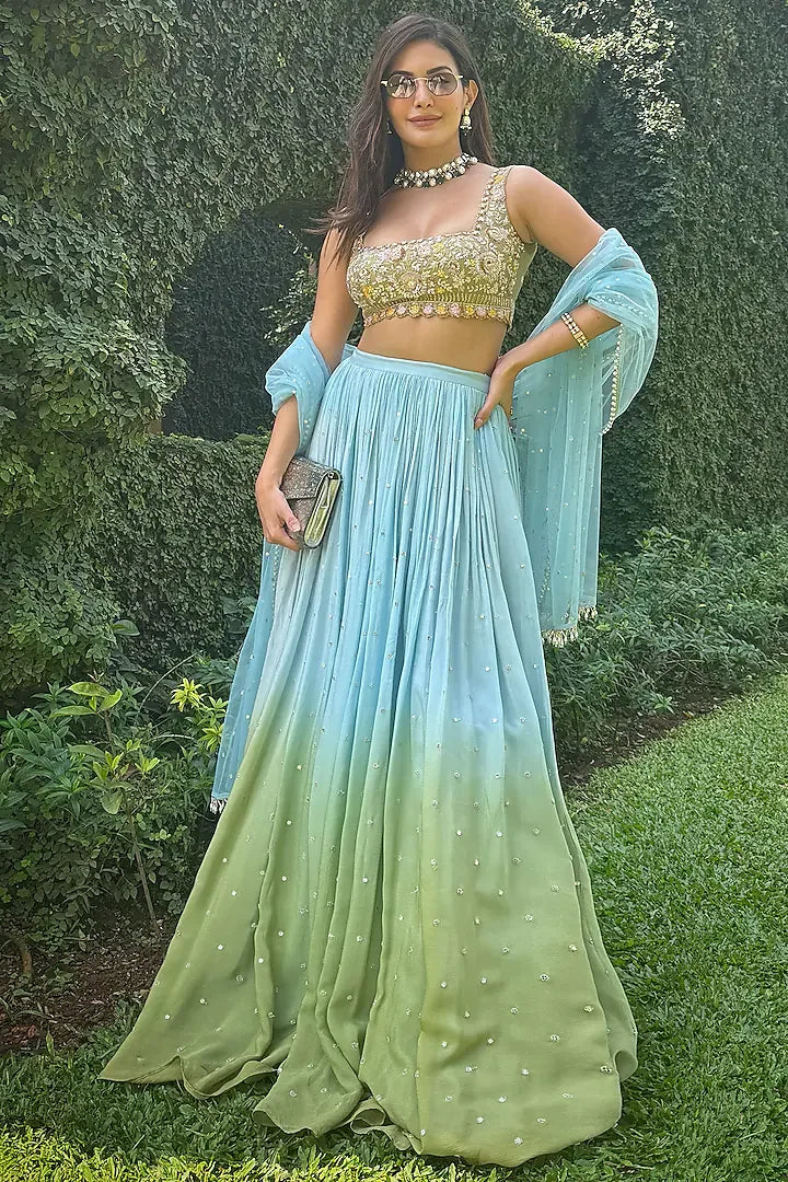 Rent Basil Green Georgette Shaded Lehenga Set