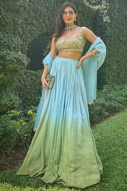 Rent Basil Green Georgette Shaded Lehenga Set