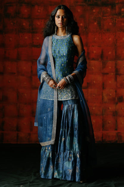 Rent Drishti & Zahabia Indigo printed embroidered sharara set
