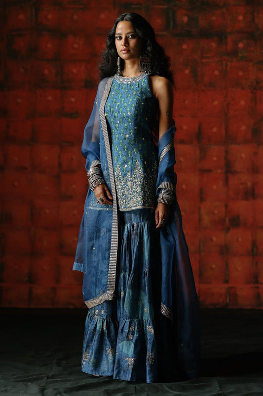 Rent Drishti & Zahabia Indigo printed embroidered sharara set