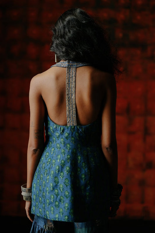 Rent Drishti & Zahabia Indigo printed embroidered sharara set
