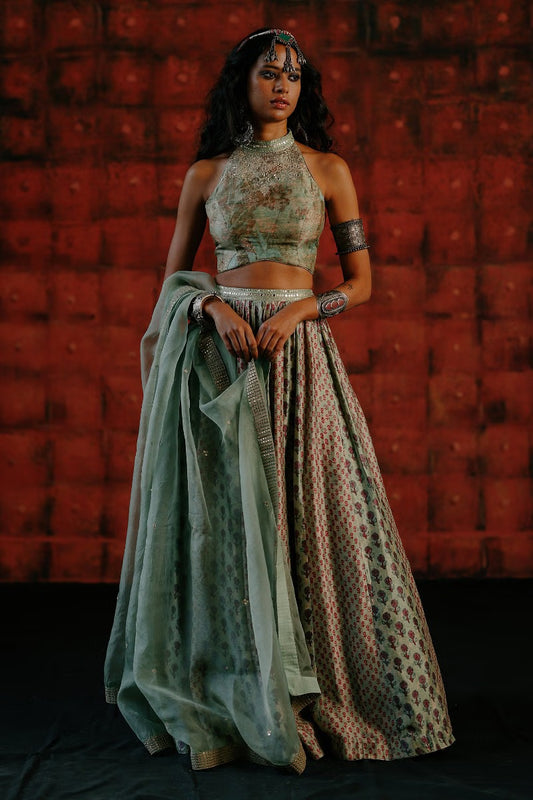 Rent Drishti & Zahabia Mint floral printed lehenga set