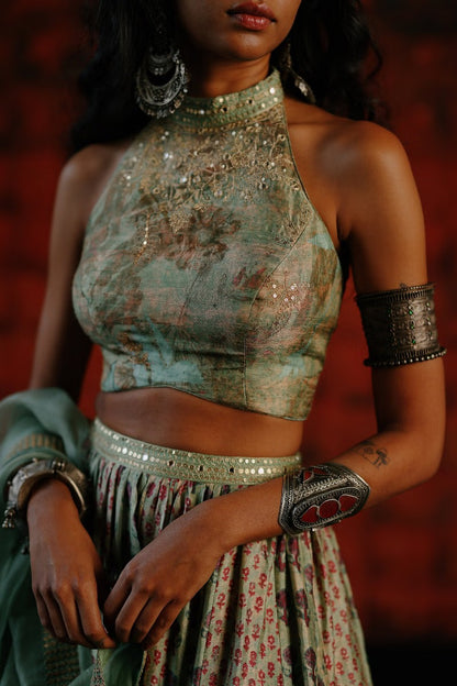 Rent Drishti & Zahabia Mint floral printed lehenga set