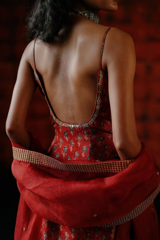 Rent Drishti & Zahabia Brick red leaf printed embroidered sharara set