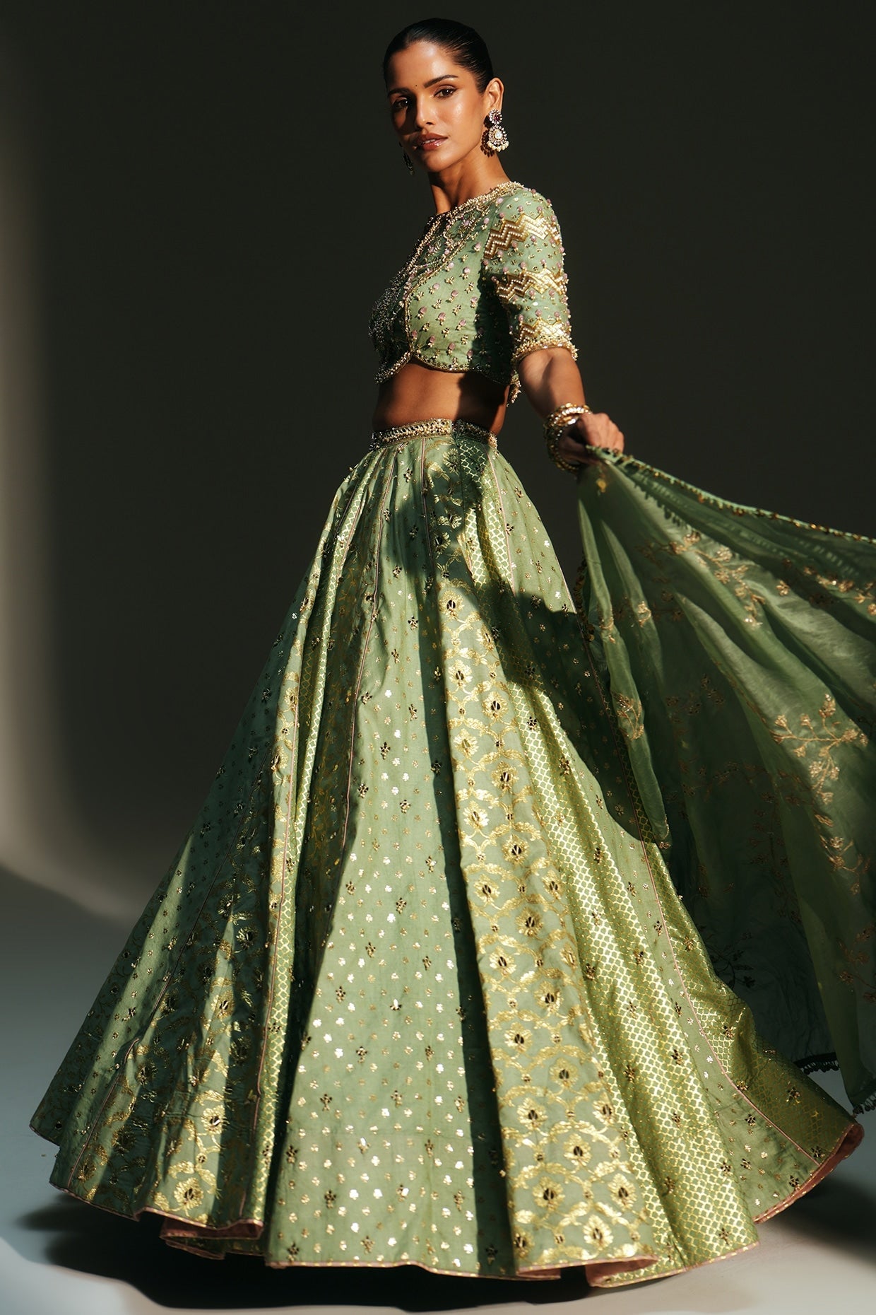 Rent Mahima Mahajan Pista Green Banarasi Silk Chanderi Lehenga Set