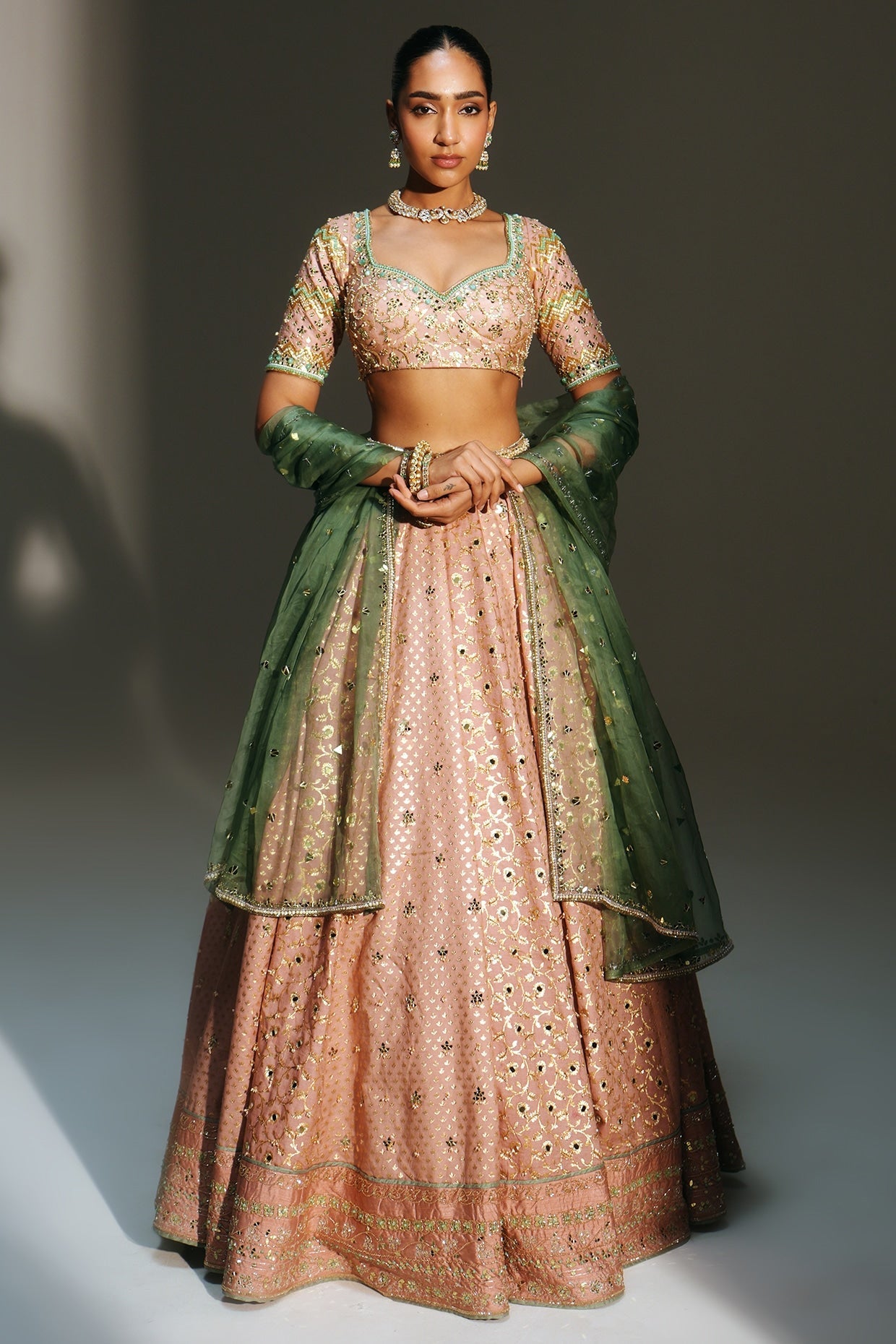 Rent Mahima Mahajan Blush Pink Banarasi Silk Chanderi Lehenga Set