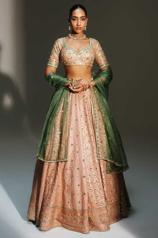 Rent Mahima Mahajan Blush Pink Banarasi Silk Chanderi Lehenga Set