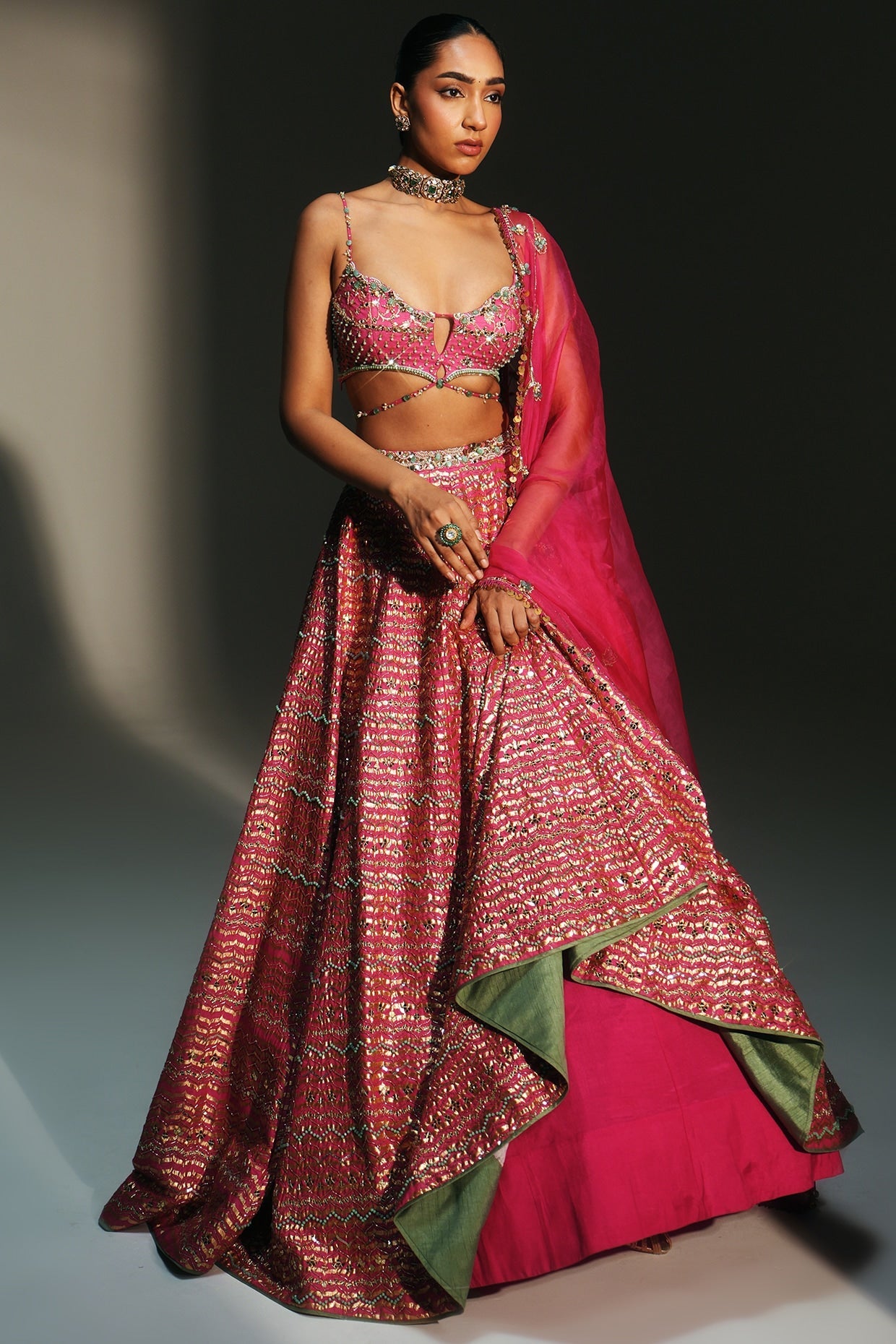 Rent Mahima Mahajan Rani Pink Banarasi Silk Chanderi Lehenga Set