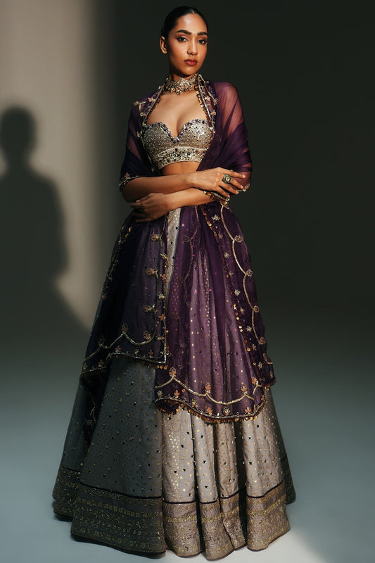 Rent Mahima Mahajan Platinum Banarasi Silk Chanderi Lehenga Set