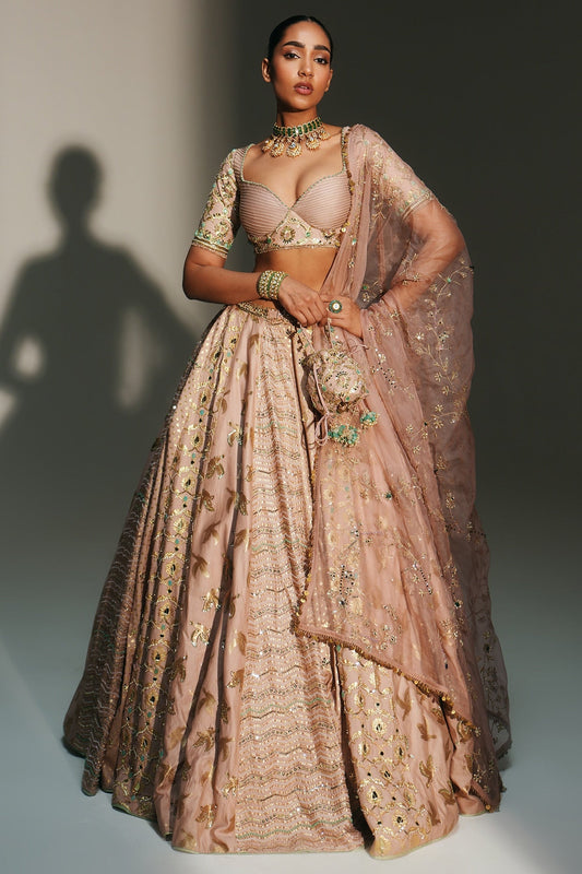 Rent Mahima Mahajan Blush Pink Banarasi Silk Chanderi Lehenga Set