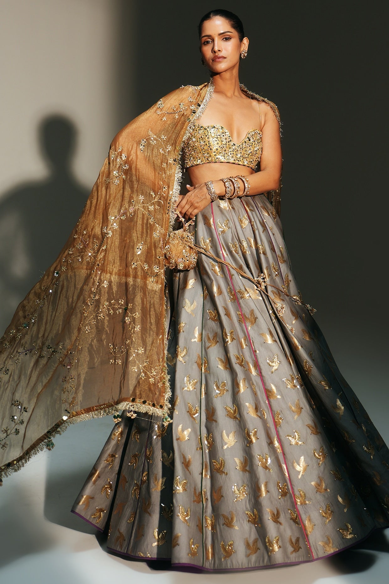 Rent Mahima Mahajan Platinum Banarasi Silk Chanderi Motif Wedding Lehenga Set