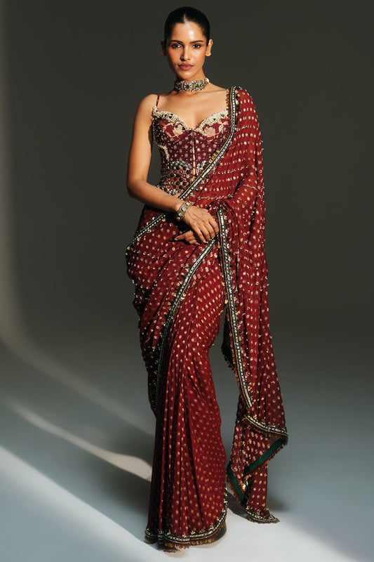 Rent Mahima Mahajan Sindoori Red Banarasi Georgette Pre-Draped Saree Set