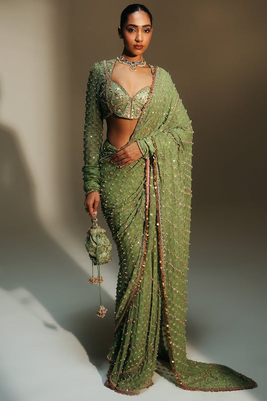 Rent Mahima Mahajan Pista Green Banarasi Georgette Hand Pre-Draped Saree Set
