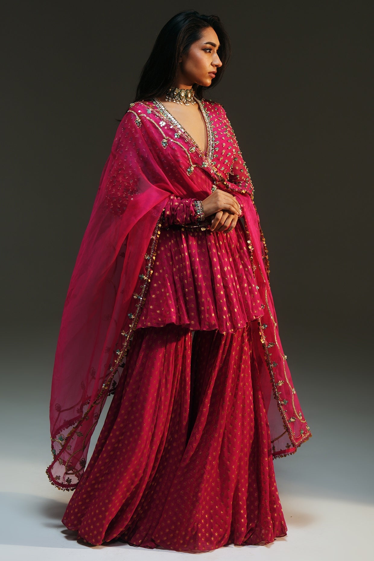 Rent Mahima Mahajan Rani Pink Banarasi Silk Chanderi Sharara Set