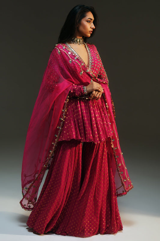 Rent Mahima Mahajan Rani Pink Banarasi Silk Chanderi Sharara Set