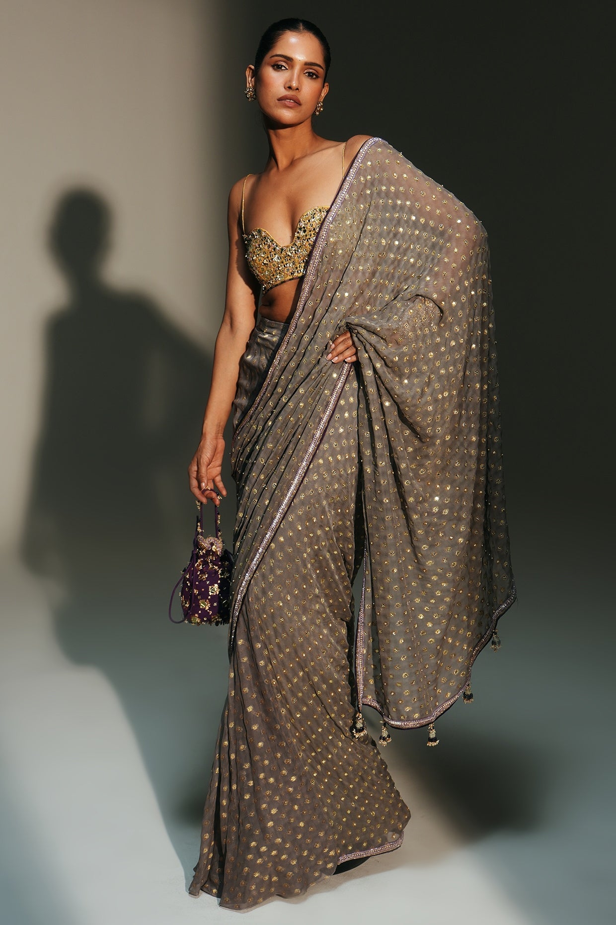 Rent Mahima Mahajan Platinum Banarasi Silk Chanderi Pre-Draped Saree Set