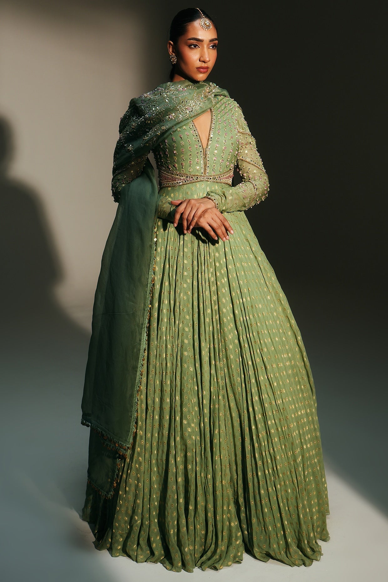 Rent Mahima Mahajan Pista Green Banarasi Silk Chanderi Anarkali Set