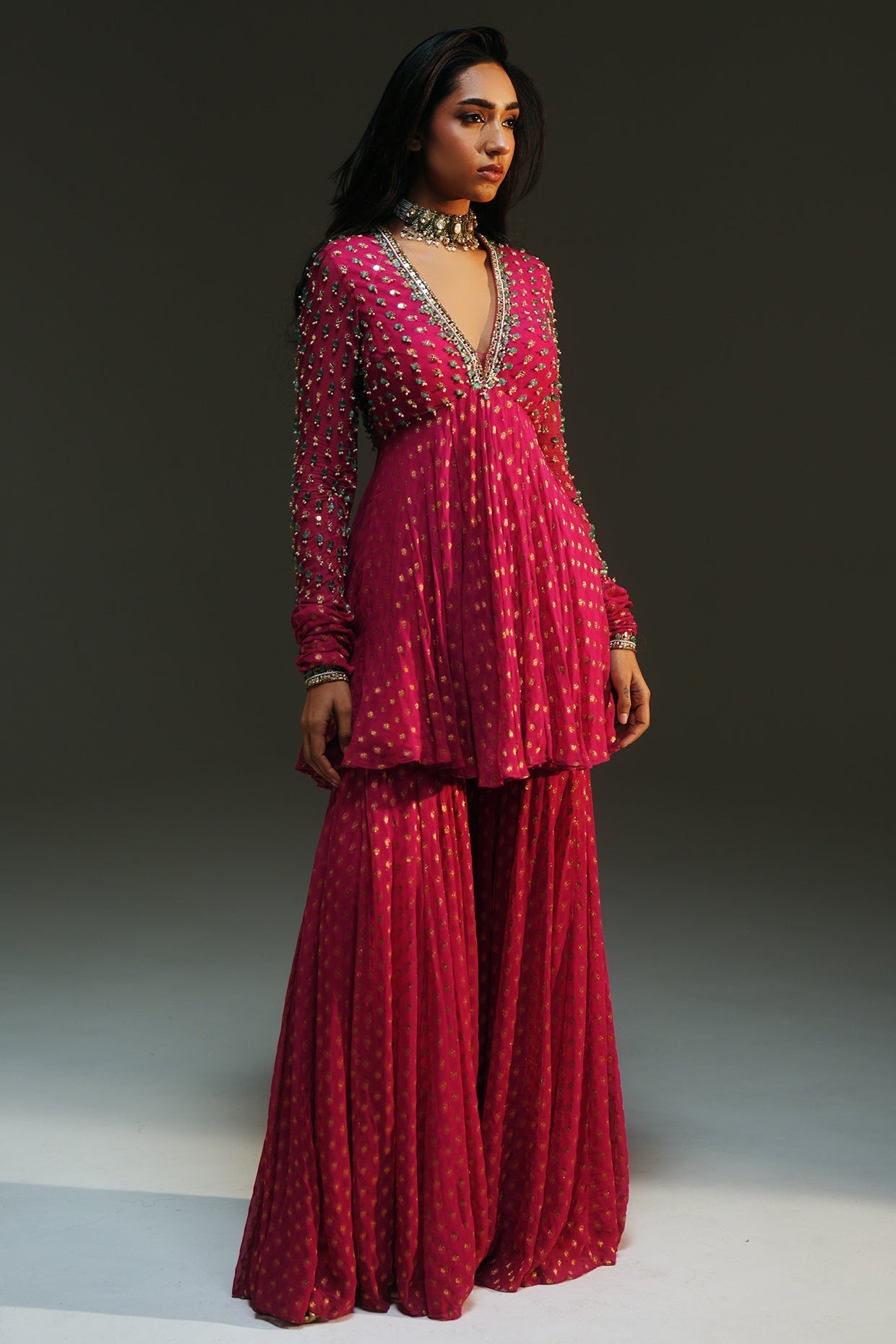 Rent Mahima Mahajan Rani Pink Banarasi Georgette Sharara Set