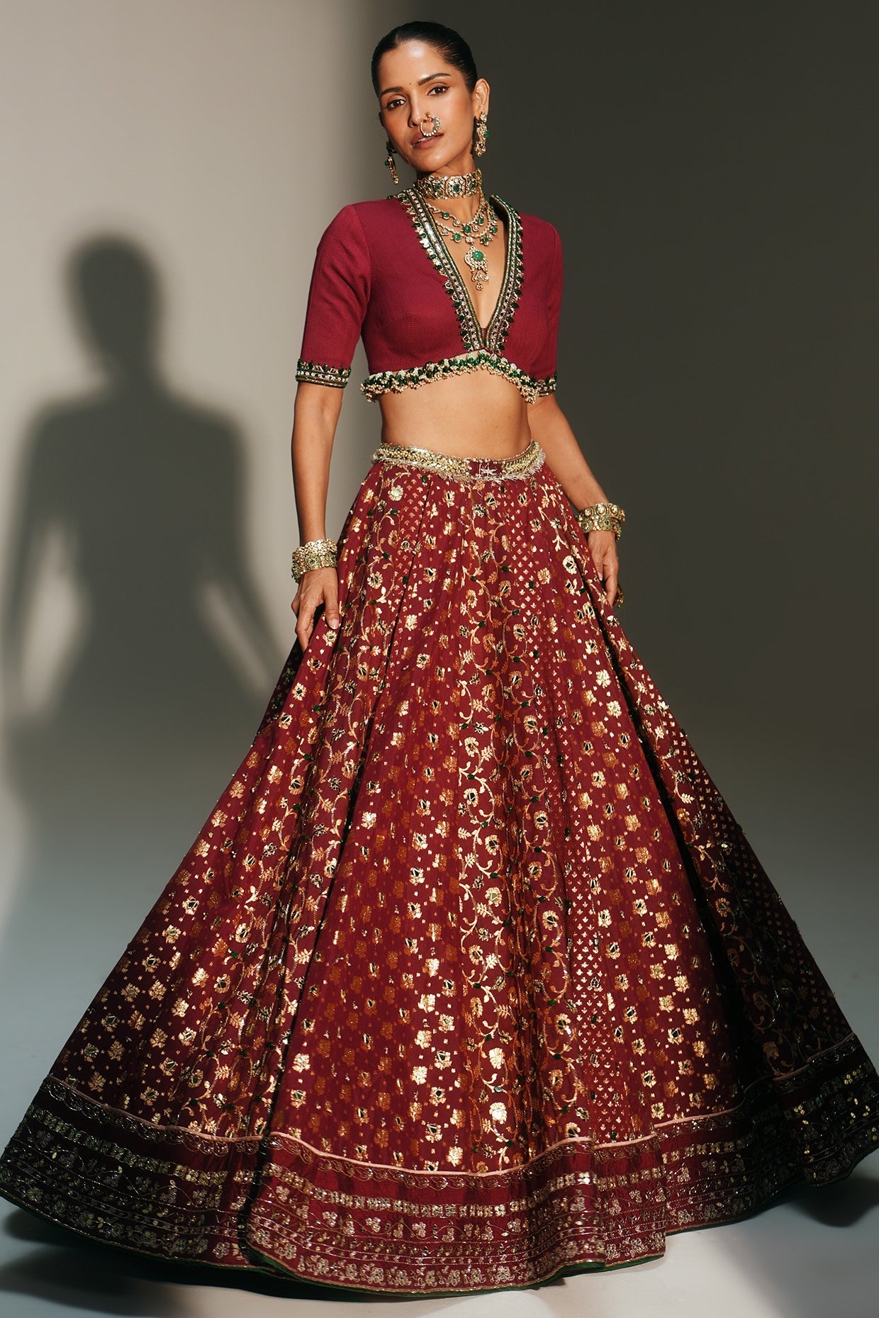 Rent Mahima Mahajan Sindoori Red Banarasi Silk Chanderi Lehenga Set