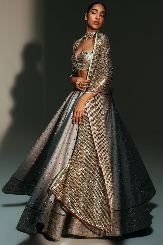 Rent Mahima Mahajan Platinum Banarasi Chanderi Lehenga Set