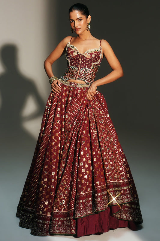 Rent Mahima Mahajan Sindoori Red Banarasi Silk Chanderi Lehenga Set