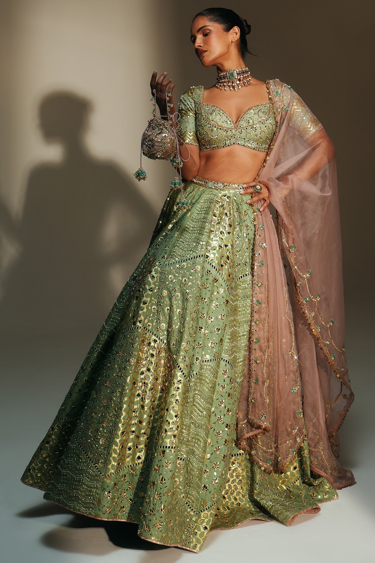 Rent Mahima Mahajan Pista Green Banarasi Silk Chanderi Lehenga Set